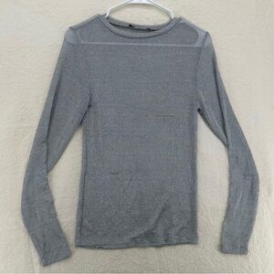 Metallic Mesh Gray/Silver Ribbed Knit Long Sleeve